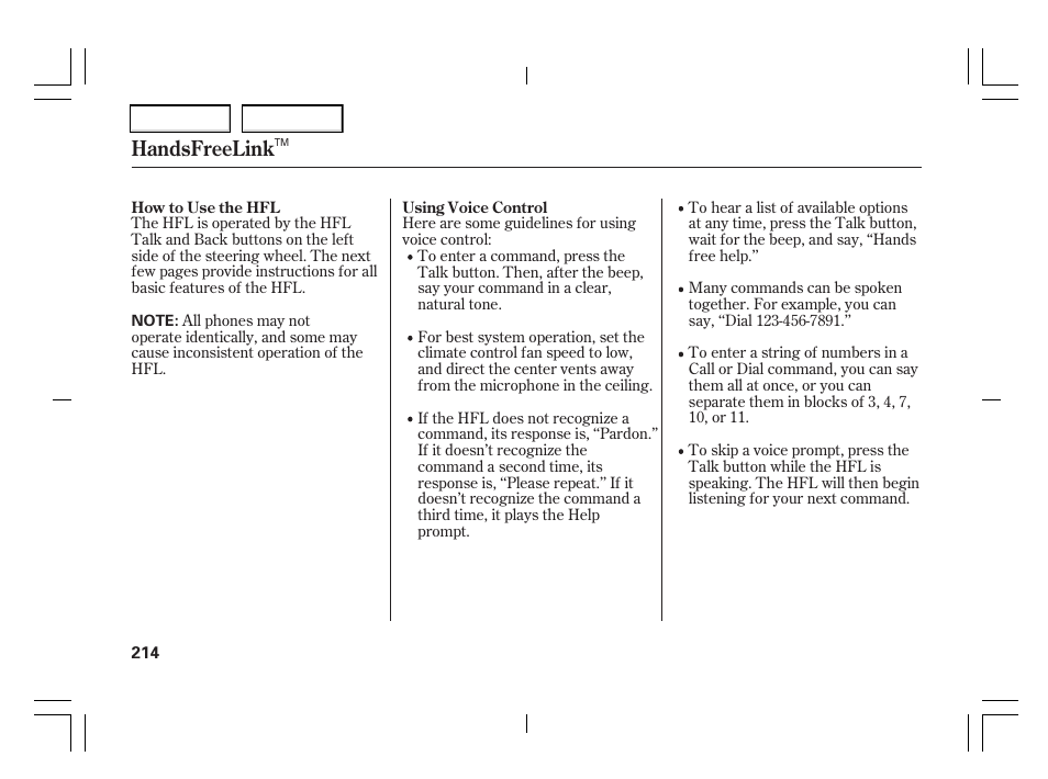Handsfreelink | Acura 2006 TSX - Owner's Manual User Manual | Page 215 / 366