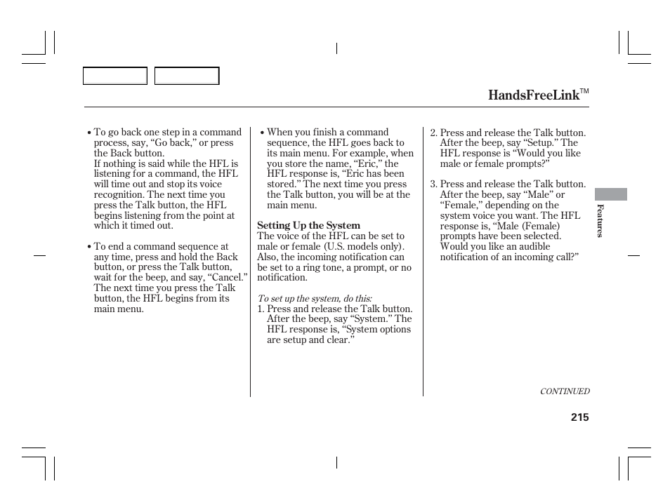 Handsfreelink | Acura 2006 TSX - Owner's Manual User Manual | Page 216 / 366