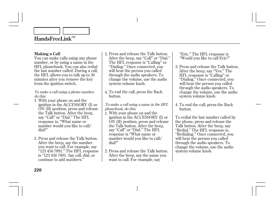 Handsfreelink | Acura 2006 TSX - Owner's Manual User Manual | Page 221 / 366