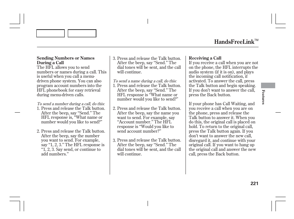 Handsfreelink | Acura 2006 TSX - Owner's Manual User Manual | Page 222 / 366