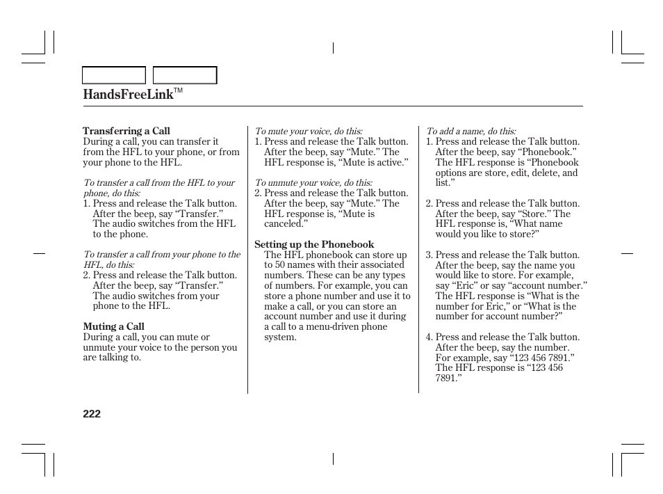 Handsfreelink | Acura 2006 TSX - Owner's Manual User Manual | Page 223 / 366