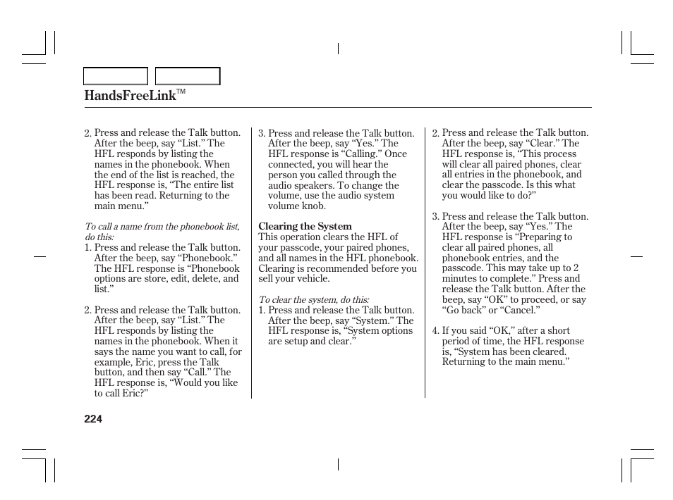 Handsfreelink | Acura 2006 TSX - Owner's Manual User Manual | Page 225 / 366