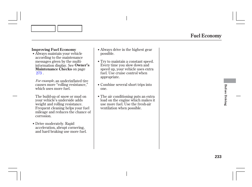 Fuel economy | Acura 2006 TSX - Owner's Manual User Manual | Page 234 / 366