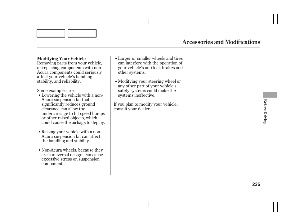 Accessories and modifications | Acura 2006 TSX - Owner's Manual User Manual | Page 236 / 366