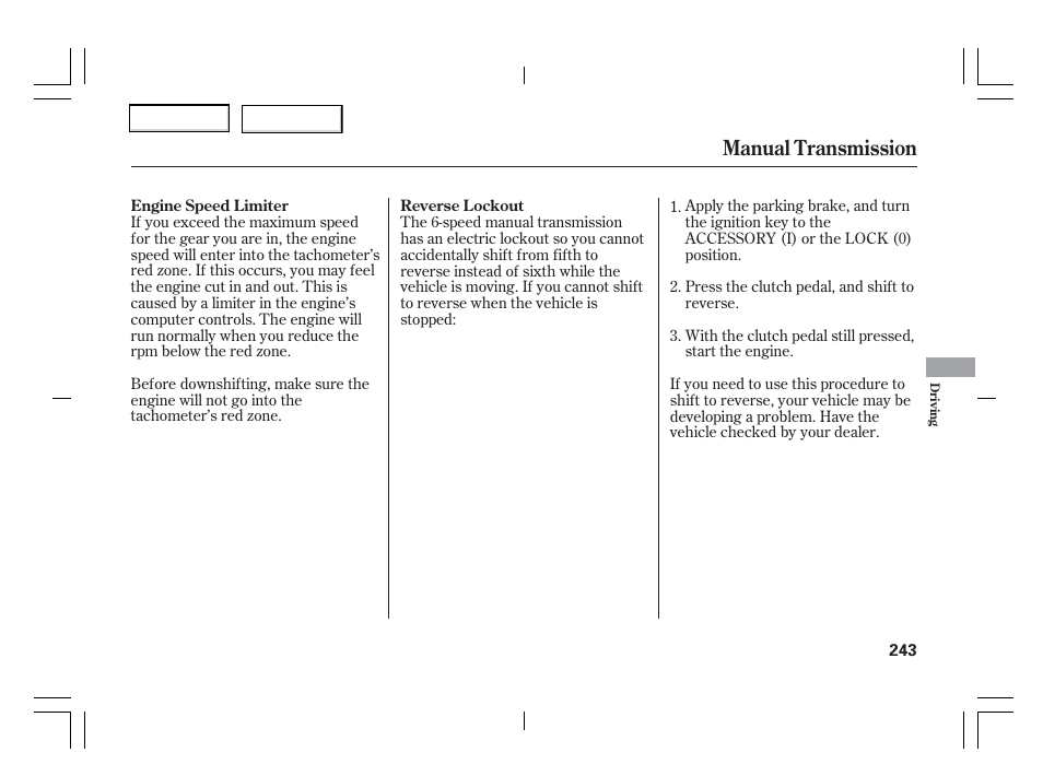 Manual transmission | Acura 2006 TSX - Owner's Manual User Manual | Page 244 / 366
