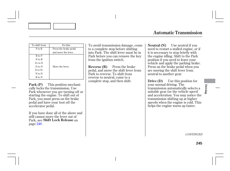 Automatic transmission | Acura 2006 TSX - Owner's Manual User Manual | Page 246 / 366