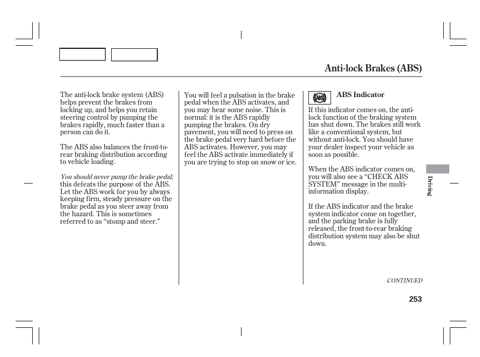 Anti-lock brakes (abs) | Acura 2006 TSX - Owner's Manual User Manual | Page 254 / 366