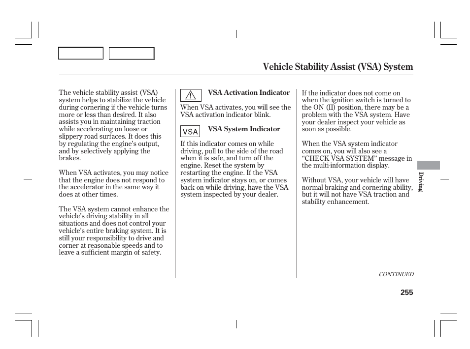 Vehicle stability assist (vsa) system | Acura 2006 TSX - Owner's Manual User Manual | Page 256 / 366