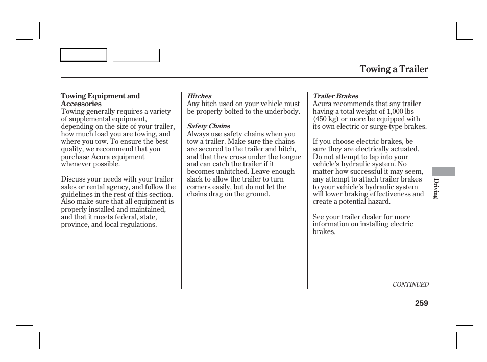 Towing a trailer | Acura 2006 TSX - Owner's Manual User Manual | Page 260 / 366