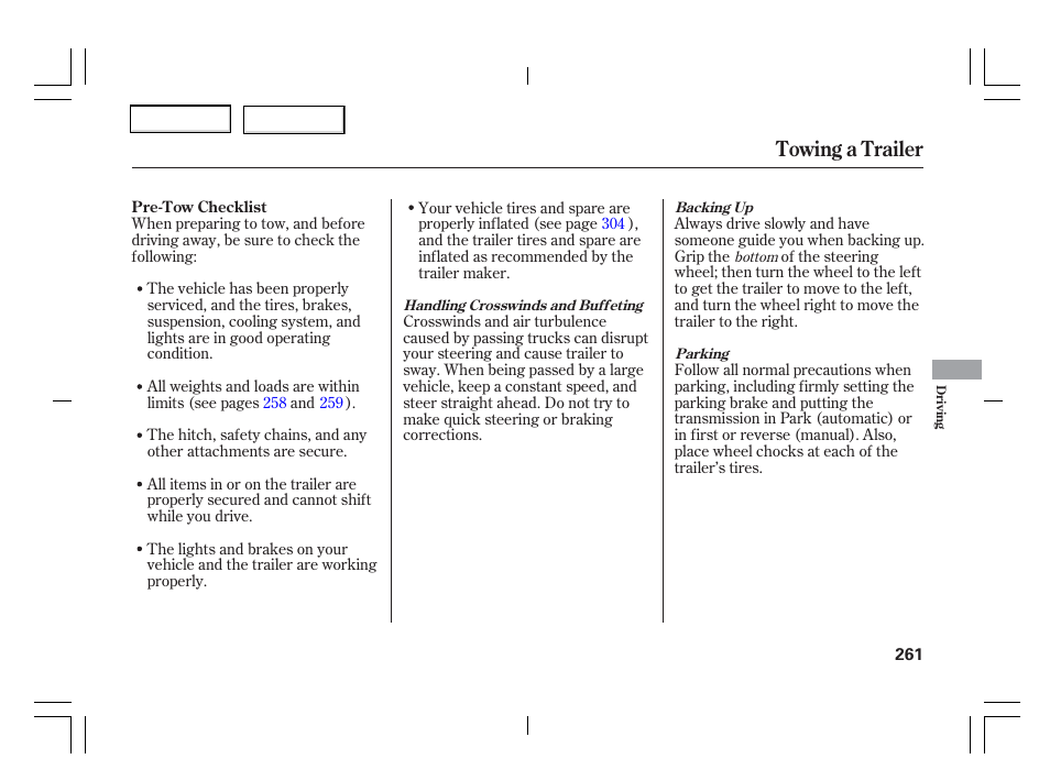 Towing a trailer | Acura 2006 TSX - Owner's Manual User Manual | Page 262 / 366