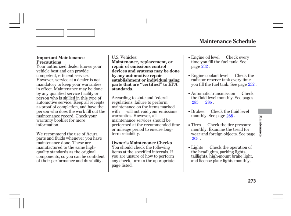 Maintenance schedule | Acura 2006 TSX - Owner's Manual User Manual | Page 274 / 366