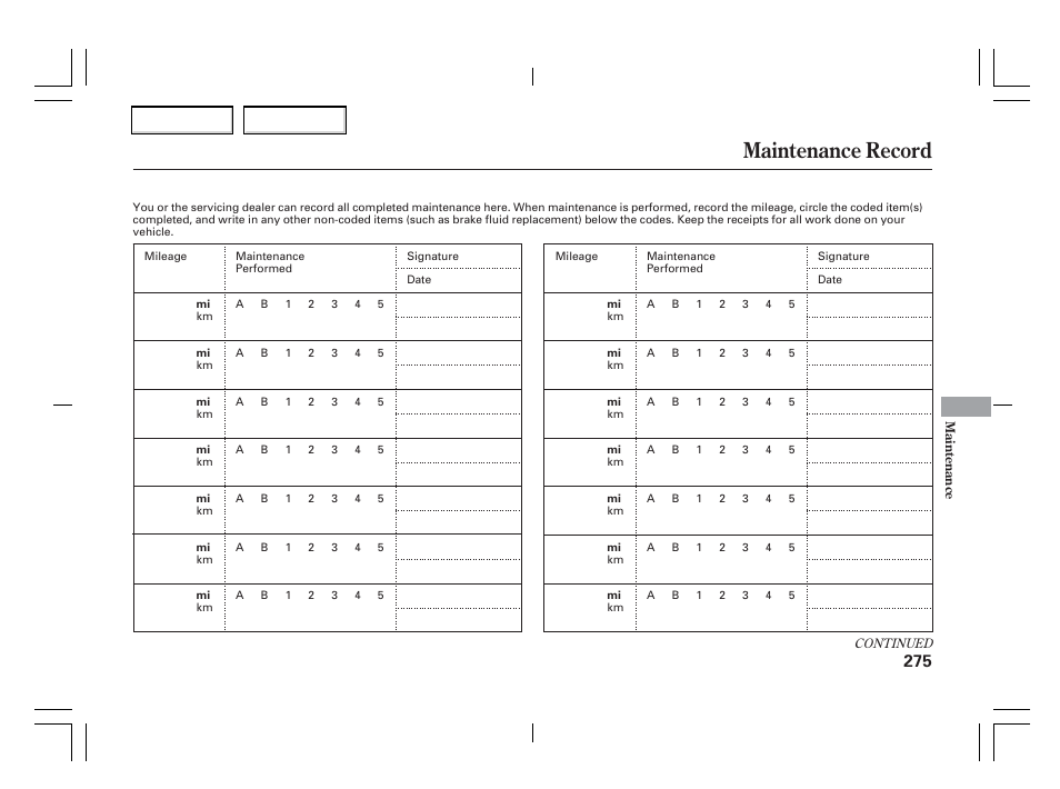 Maintenance record | Acura 2006 TSX - Owner's Manual User Manual | Page 276 / 366