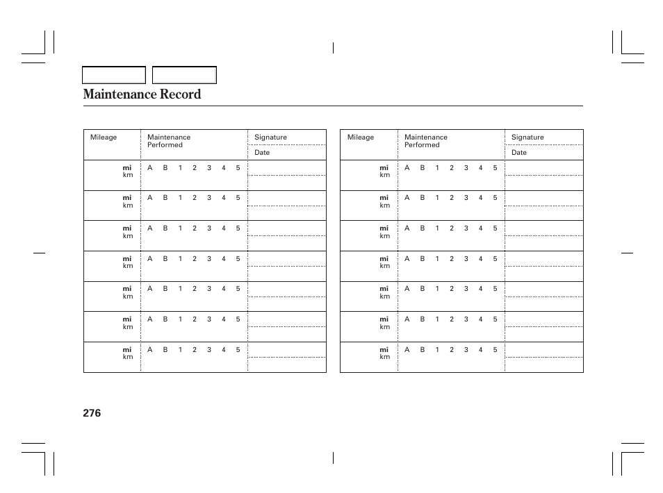 Maintenance record | Acura 2006 TSX - Owner's Manual User Manual | Page 277 / 366