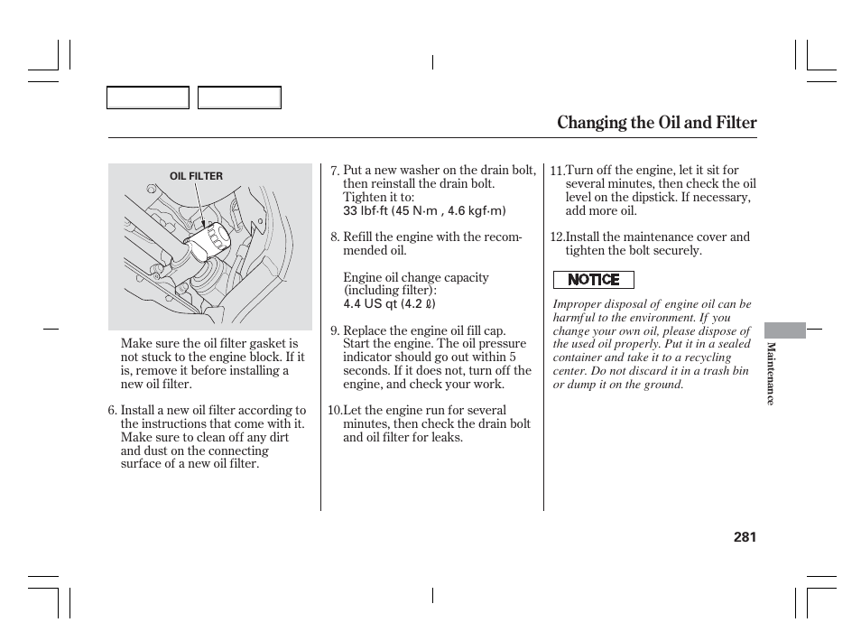 Changing the oil and filter | Acura 2006 TSX - Owner's Manual User Manual | Page 282 / 366