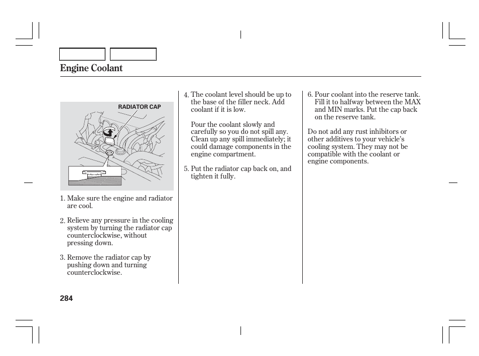 Engine coolant | Acura 2006 TSX - Owner's Manual User Manual | Page 285 / 366