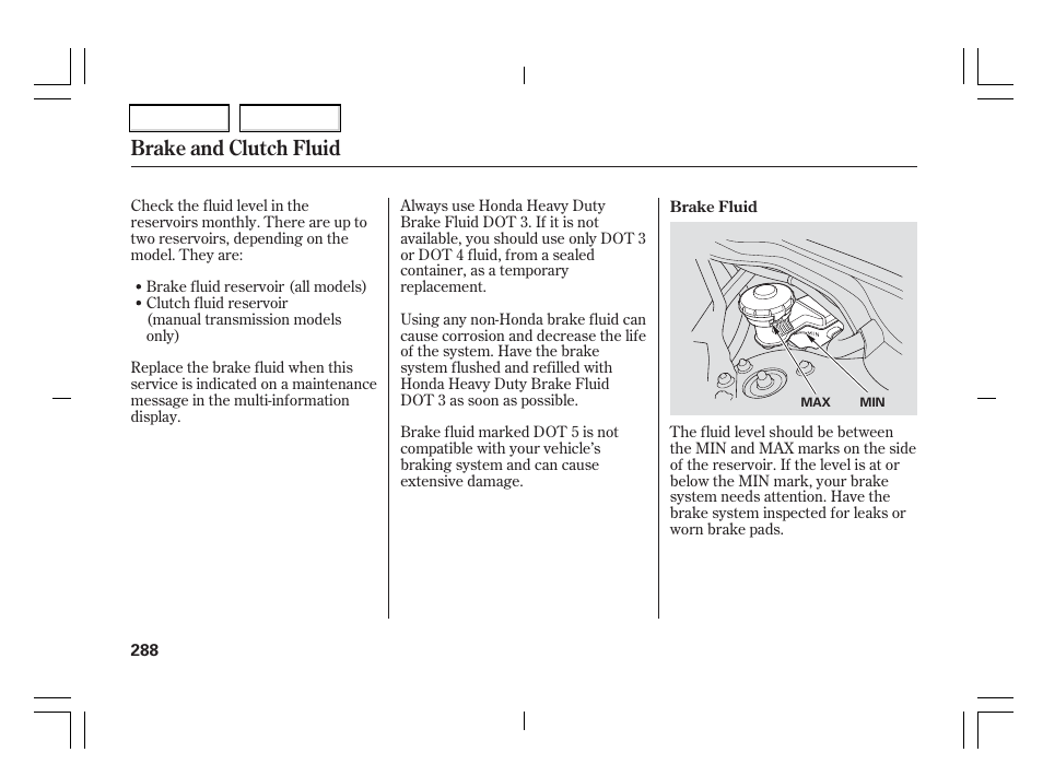 Brake and clutch fluid | Acura 2006 TSX - Owner's Manual User Manual | Page 289 / 366