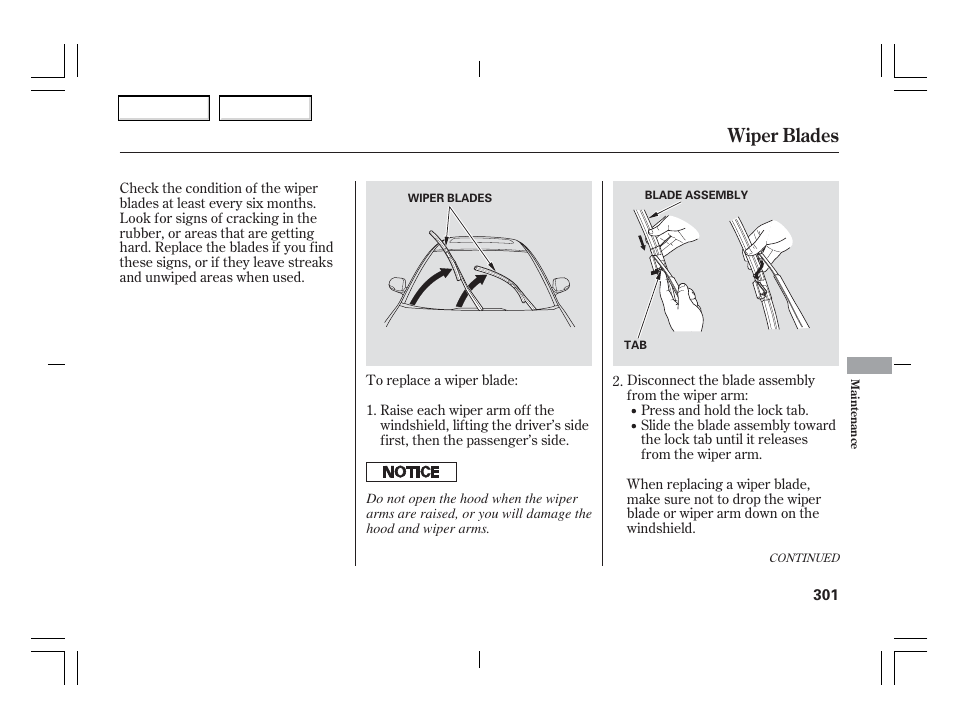 Wiper blades | Acura 2006 TSX - Owner's Manual User Manual | Page 302 / 366