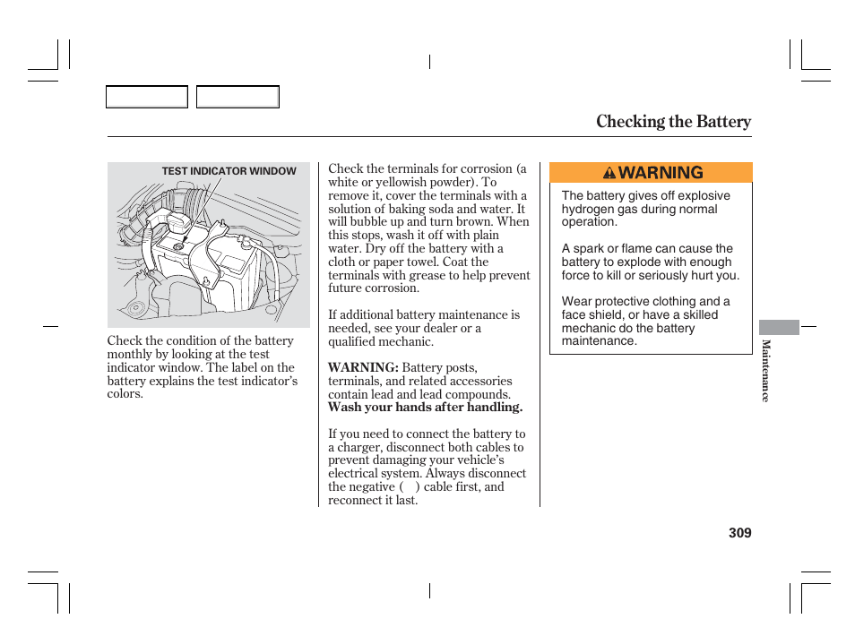 Checking the battery | Acura 2006 TSX - Owner's Manual User Manual | Page 310 / 366