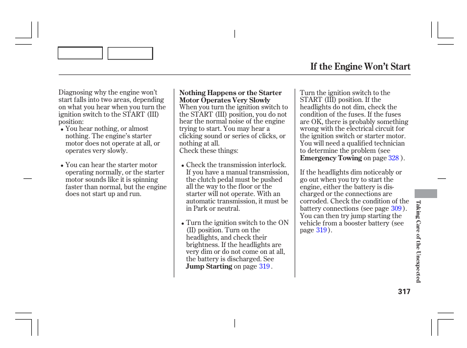 If the engine won’t start | Acura 2006 TSX - Owner's Manual User Manual | Page 318 / 366