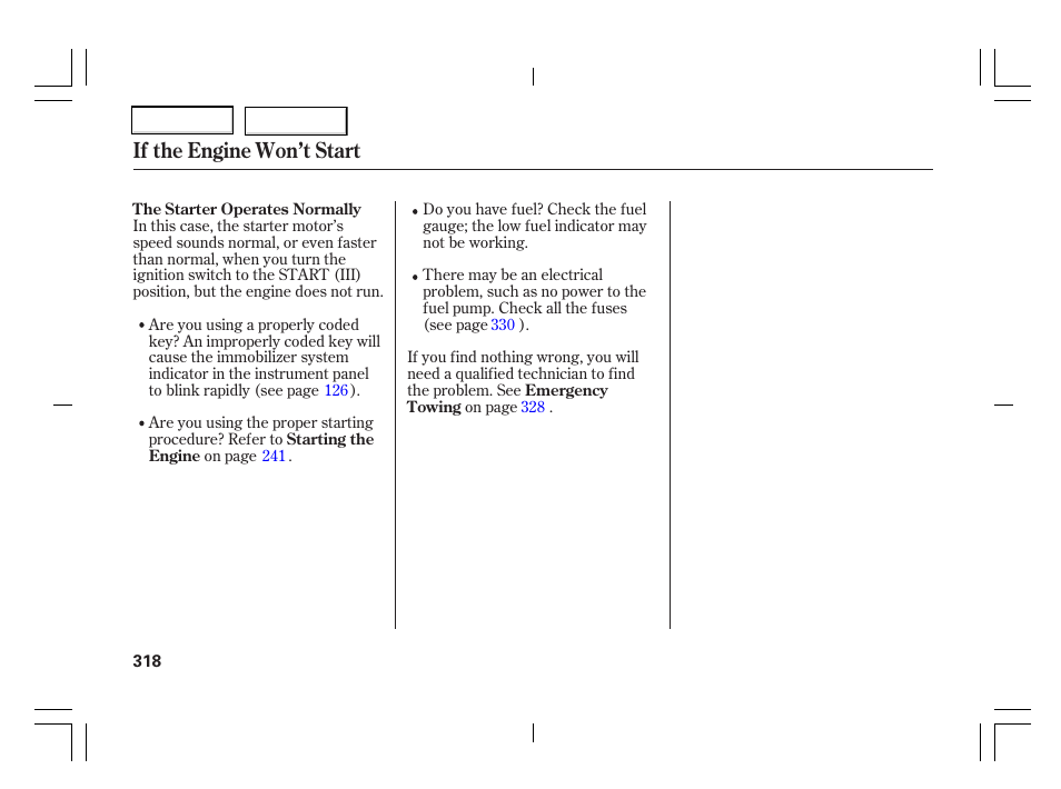 If the engine won’t start | Acura 2006 TSX - Owner's Manual User Manual | Page 319 / 366