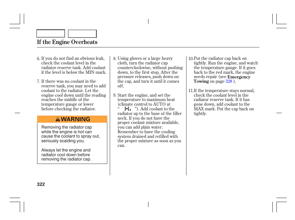 If the engine overheats | Acura 2006 TSX - Owner's Manual User Manual | Page 323 / 366