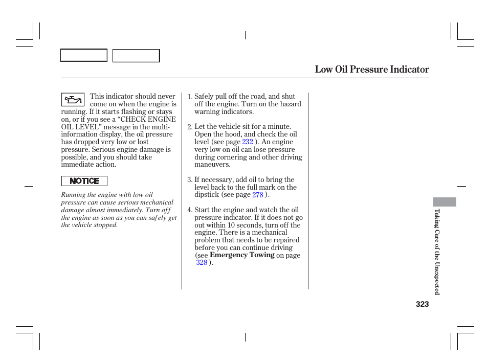 Low oil pressure indicator | Acura 2006 TSX - Owner's Manual User Manual | Page 324 / 366