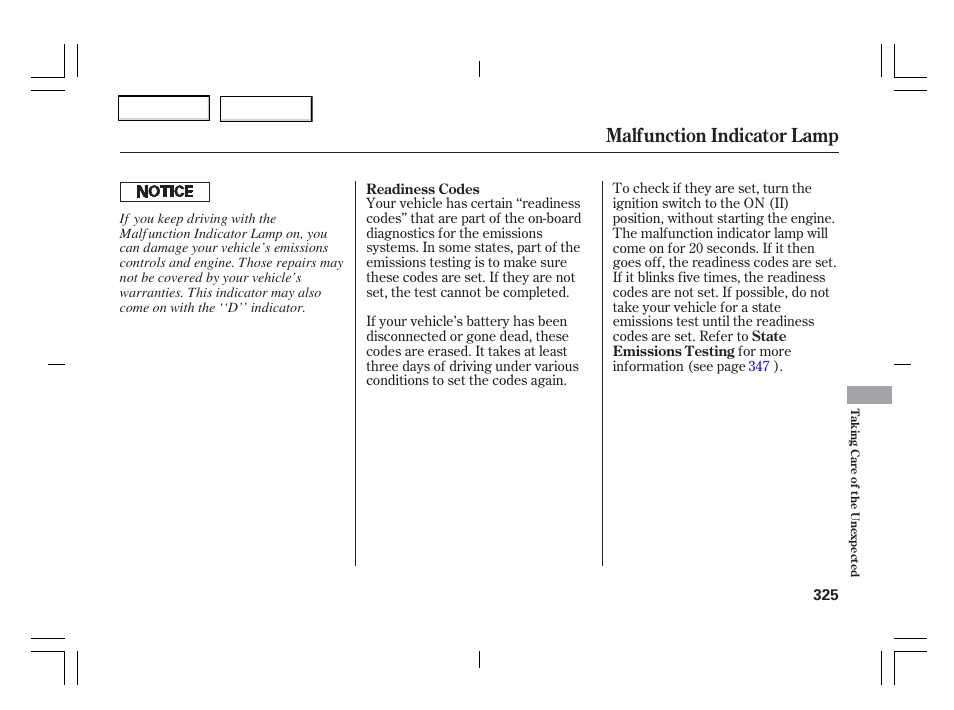 Malfunction indicator lamp | Acura 2006 TSX - Owner's Manual User Manual | Page 326 / 366