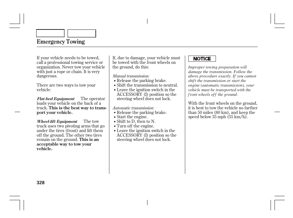 Emergency towing | Acura 2006 TSX - Owner's Manual User Manual | Page 329 / 366