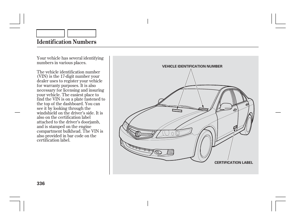 Identification numbers | Acura 2006 TSX - Owner's Manual User Manual | Page 337 / 366