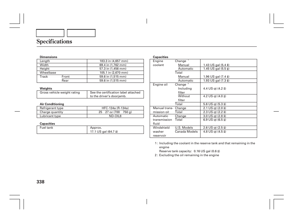 Specifications | Acura 2006 TSX - Owner's Manual User Manual | Page 339 / 366