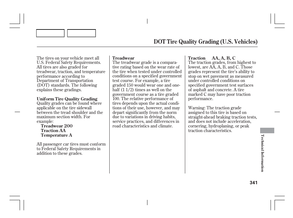 Dot tire quality grading (u.s. vehicles) | Acura 2006 TSX - Owner's Manual User Manual | Page 342 / 366