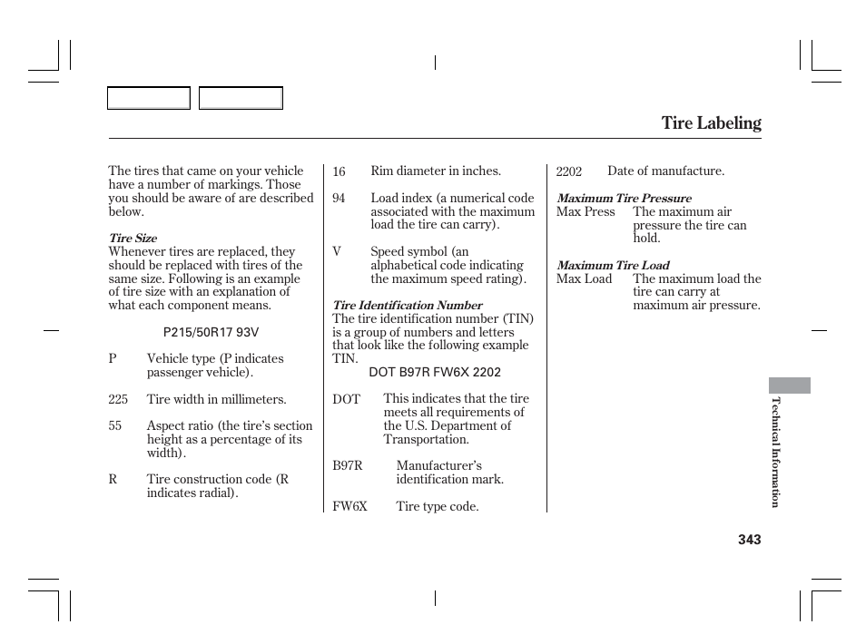 Tire labeling | Acura 2006 TSX - Owner's Manual User Manual | Page 344 / 366