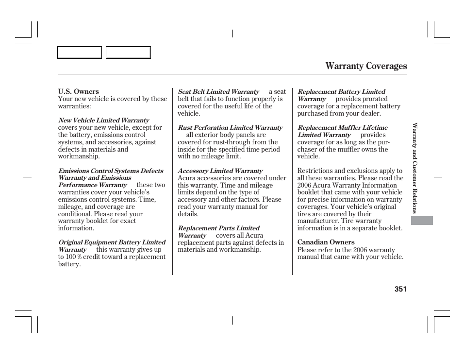 Warranty coverages | Acura 2006 TSX - Owner's Manual User Manual | Page 352 / 366
