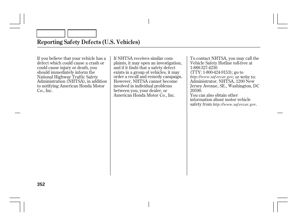 Reporting safety defects (u.s. vehicles) | Acura 2006 TSX - Owner's Manual User Manual | Page 353 / 366