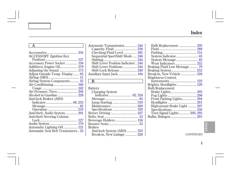 Index | Acura 2006 TSX - Owner's Manual User Manual | Page 356 / 366