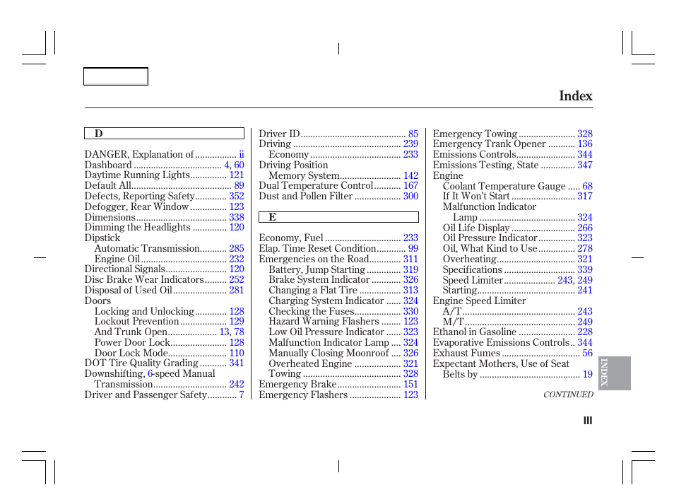 Index | Acura 2006 TSX - Owner's Manual User Manual | Page 358 / 366