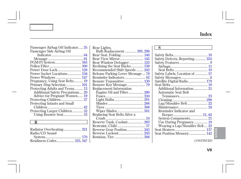 Index | Acura 2006 TSX - Owner's Manual User Manual | Page 362 / 366