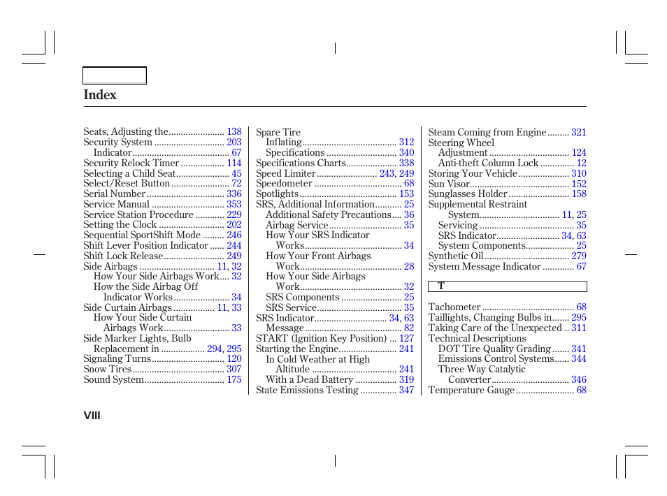 Index | Acura 2006 TSX - Owner's Manual User Manual | Page 363 / 366