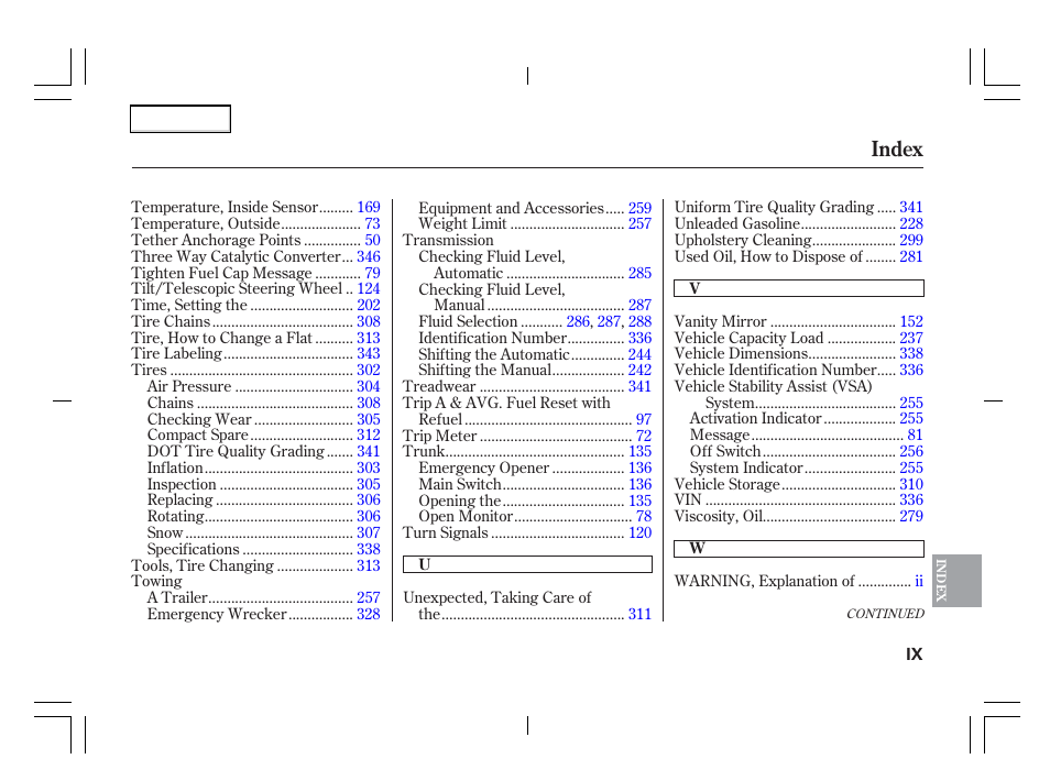 Index | Acura 2006 TSX - Owner's Manual User Manual | Page 364 / 366