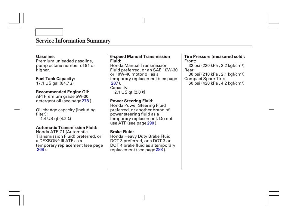 Service information summary | Acura 2006 TSX - Owner's Manual User Manual | Page 366 / 366