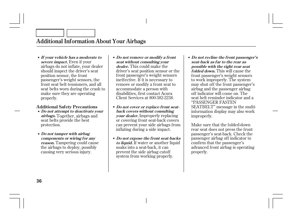 Additional information about your airbags | Acura 2006 TSX - Owner's Manual User Manual | Page 37 / 366