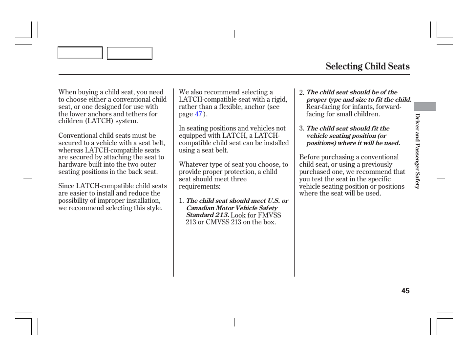 Selecting child seats | Acura 2006 TSX - Owner's Manual User Manual | Page 46 / 366
