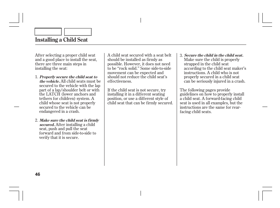 Installing a child seat | Acura 2006 TSX - Owner's Manual User Manual | Page 47 / 366