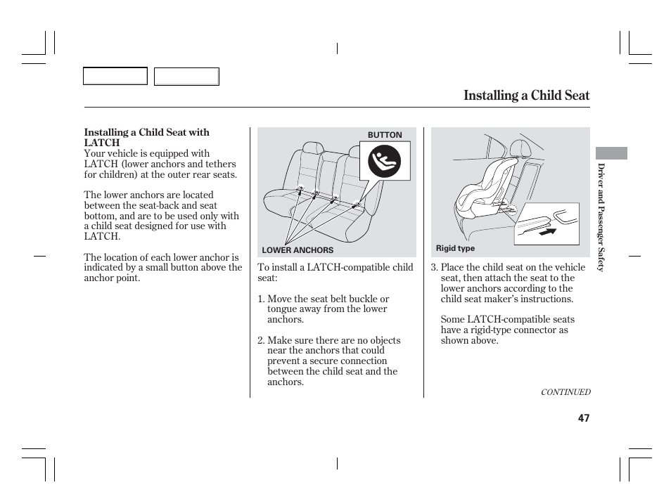 Installing a child seat | Acura 2006 TSX - Owner's Manual User Manual | Page 48 / 366