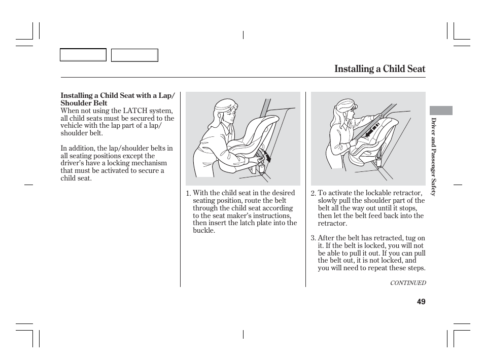 Installing a child seat | Acura 2006 TSX - Owner's Manual User Manual | Page 50 / 366