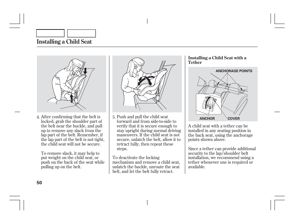 Installing a child seat | Acura 2006 TSX - Owner's Manual User Manual | Page 51 / 366