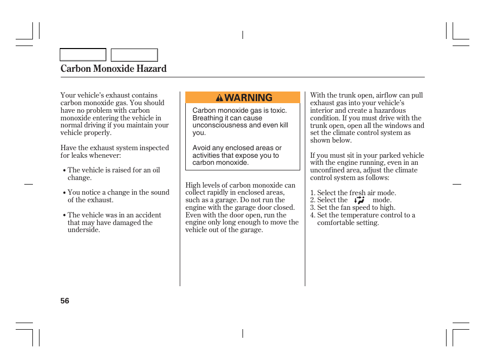 Carbon monoxide hazard | Acura 2006 TSX - Owner's Manual User Manual | Page 57 / 366