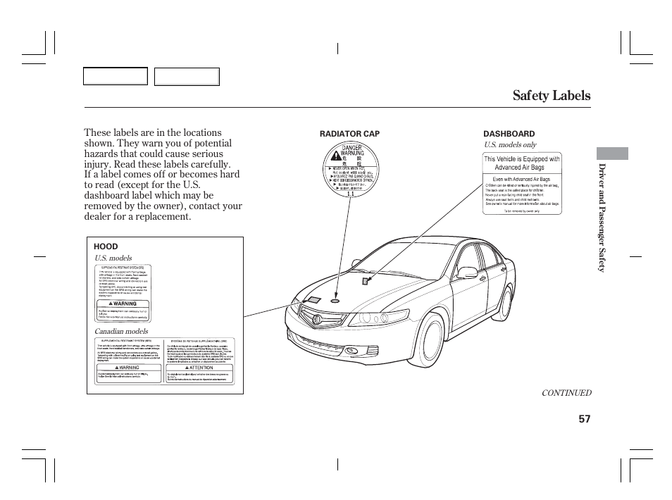 Safety labels | Acura 2006 TSX - Owner's Manual User Manual | Page 58 / 366