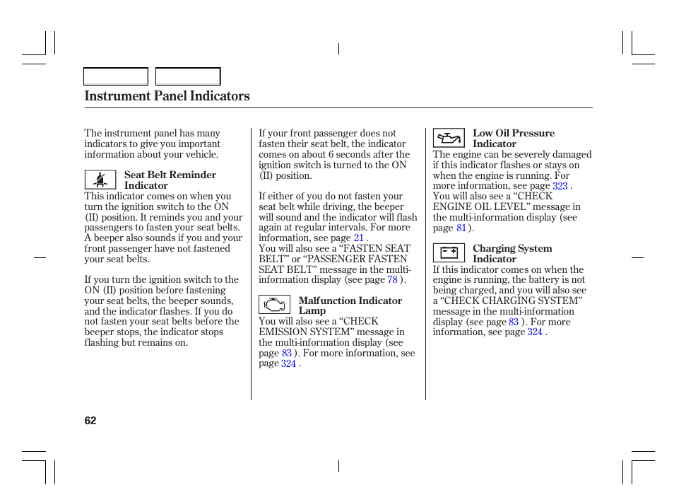 Instrument panel indicators | Acura 2006 TSX - Owner's Manual User Manual | Page 63 / 366