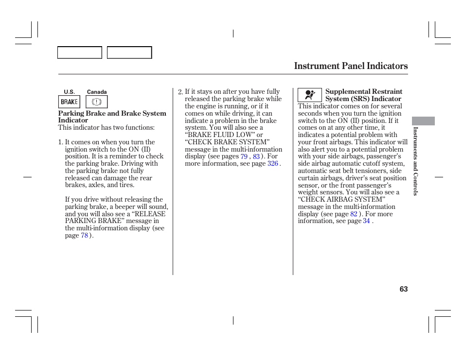 Instrument panel indicators | Acura 2006 TSX - Owner's Manual User Manual | Page 64 / 366